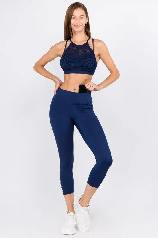 Active Crisscross Mesh Ankle Capri Legging-Navy