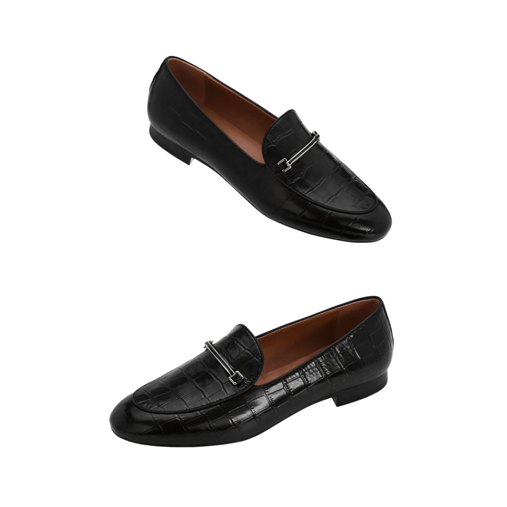 AiciBerllucci  Black  Crocodile Embossed  Leather & Sheepskin lining- Prime-Women's Leather Loafer- Sleek Loafers Slip on Shoes-Casual Flat Shoes