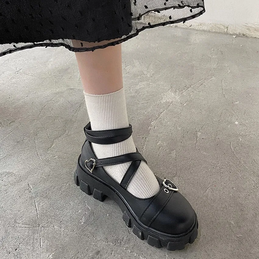 Amozae Lolita Shoes Platform Round Head Thick Heel Cross Bandage Women Shoes Kawaii Shoes Cosplay Mary Jane Shoes Heart Buckle