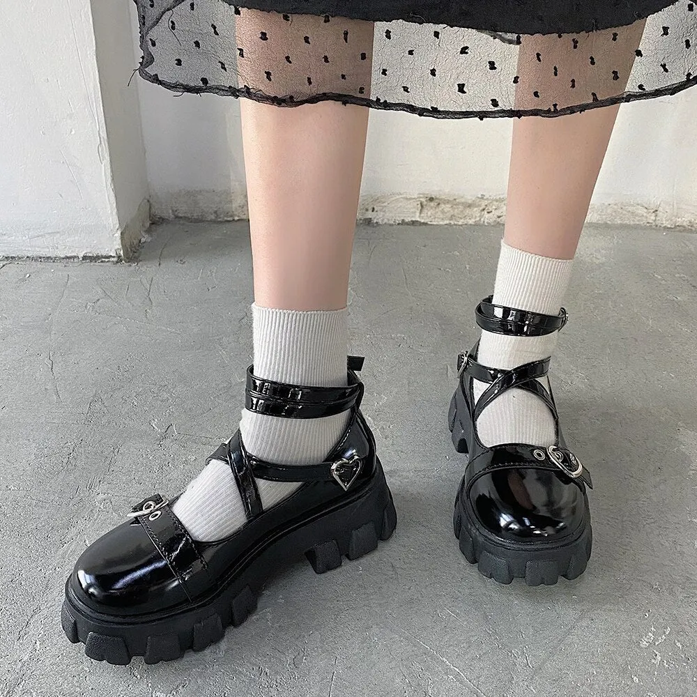 Amozae Lolita Shoes Platform Round Head Thick Heel Cross Bandage Women Shoes Kawaii Shoes Cosplay Mary Jane Shoes Heart Buckle