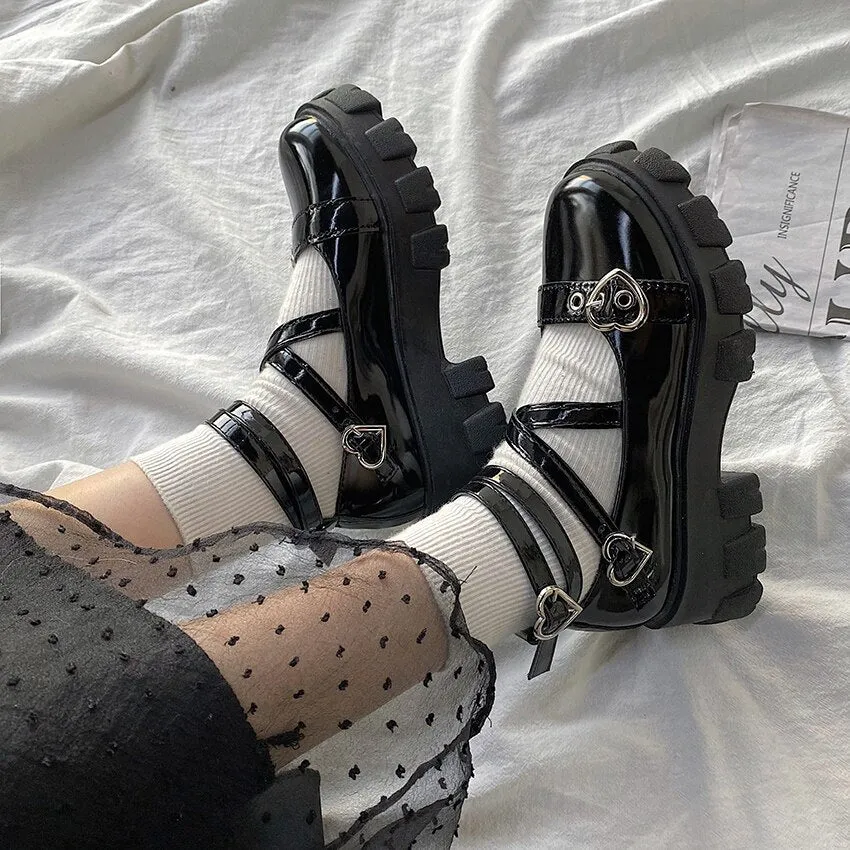 Amozae Lolita Shoes Platform Round Head Thick Heel Cross Bandage Women Shoes Kawaii Shoes Cosplay Mary Jane Shoes Heart Buckle