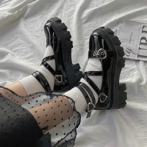 Amozae Lolita Shoes Platform Round Head Thick Heel Cross Bandage Women Shoes Kawaii Shoes Cosplay Mary Jane Shoes Heart Buckle