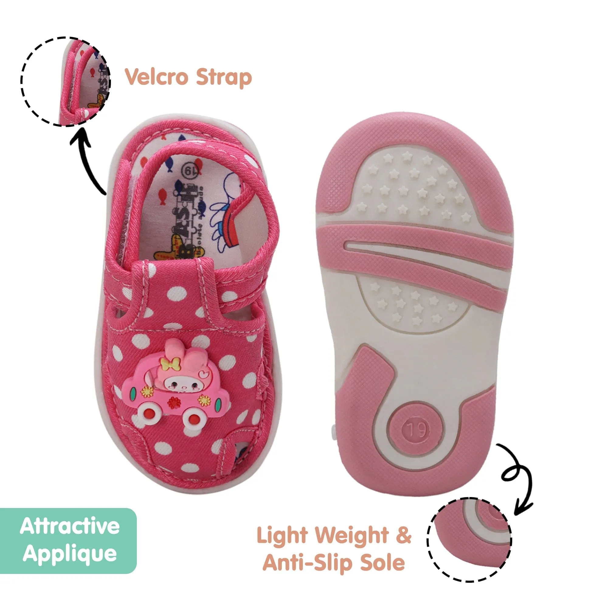 Baby Moo Cutie In The Car Polka Dot Velcro Strap Anti-Skid Chu Chu Sound Sandals - Pink