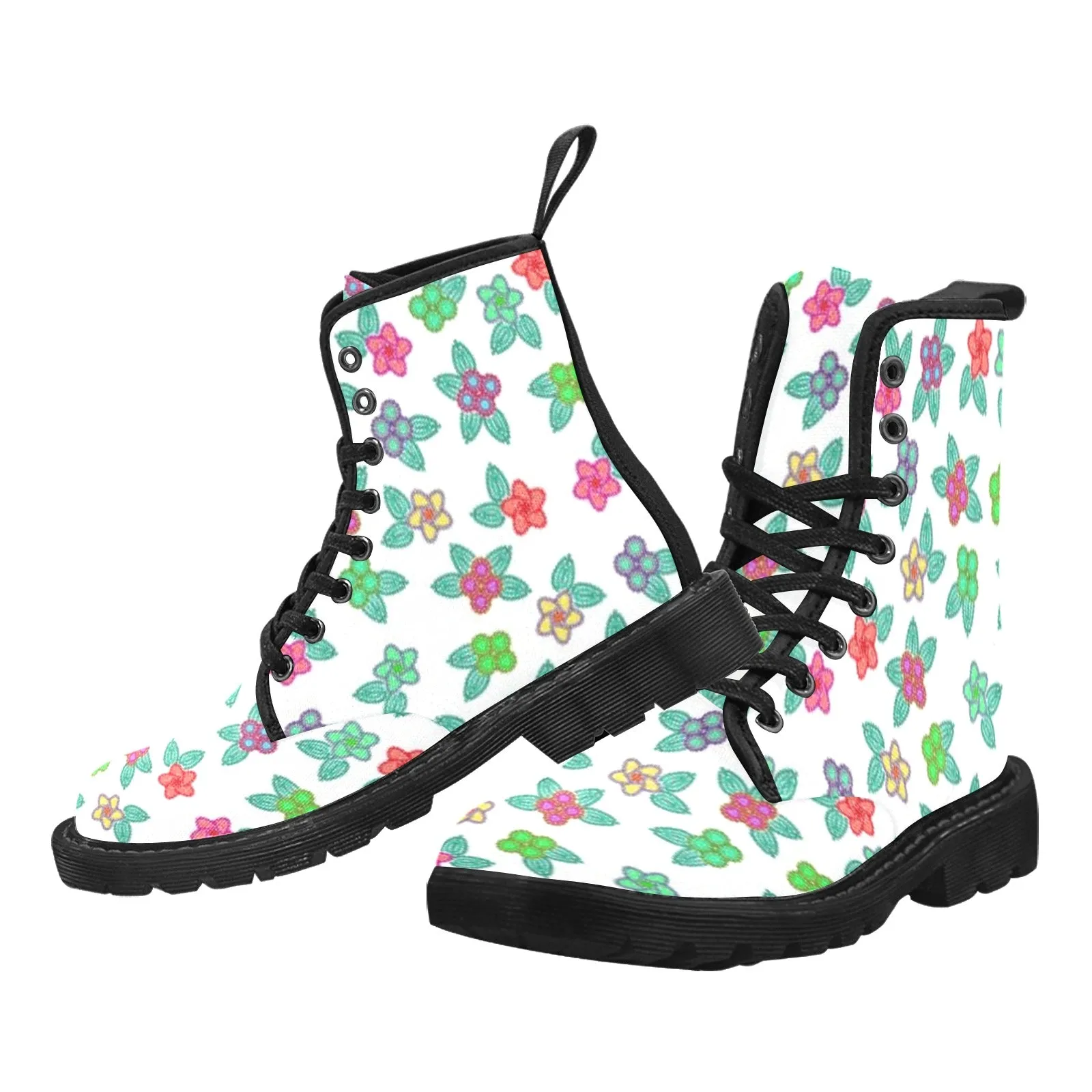 Berry Flowers White Boots for Men (Black)