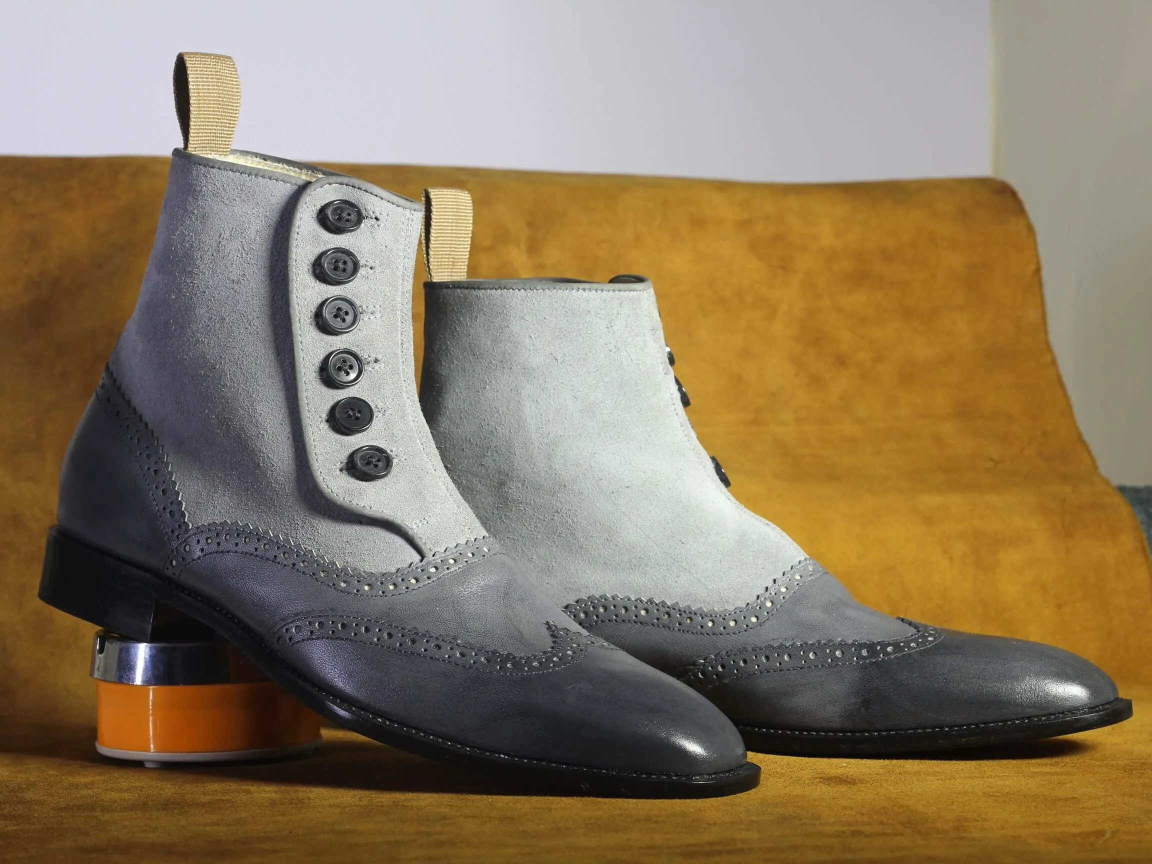 Bespoke Gray Wing Tip Button Top Ankle Boots for Men's