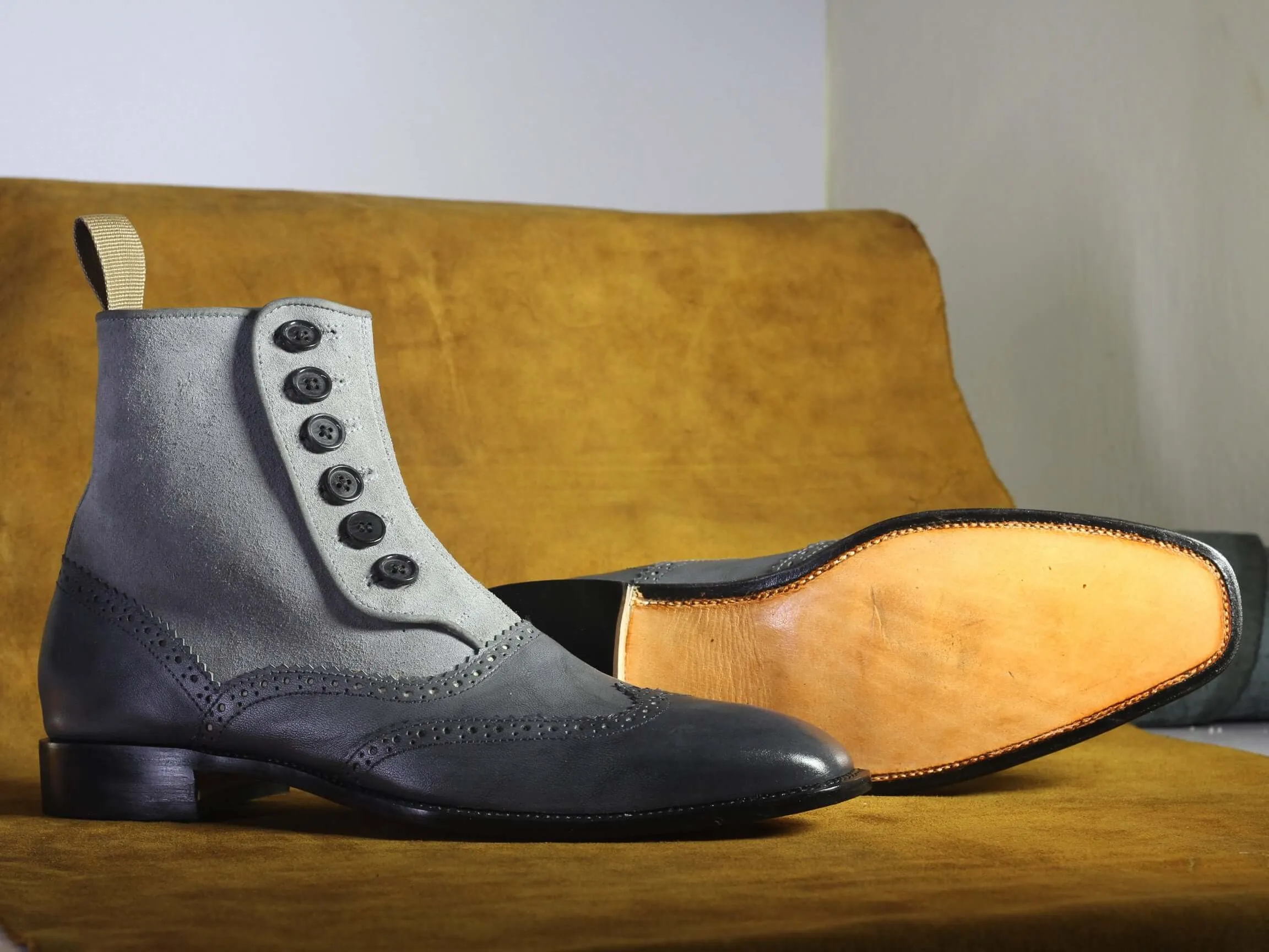 Bespoke Gray Wing Tip Button Top Ankle Boots for Men's