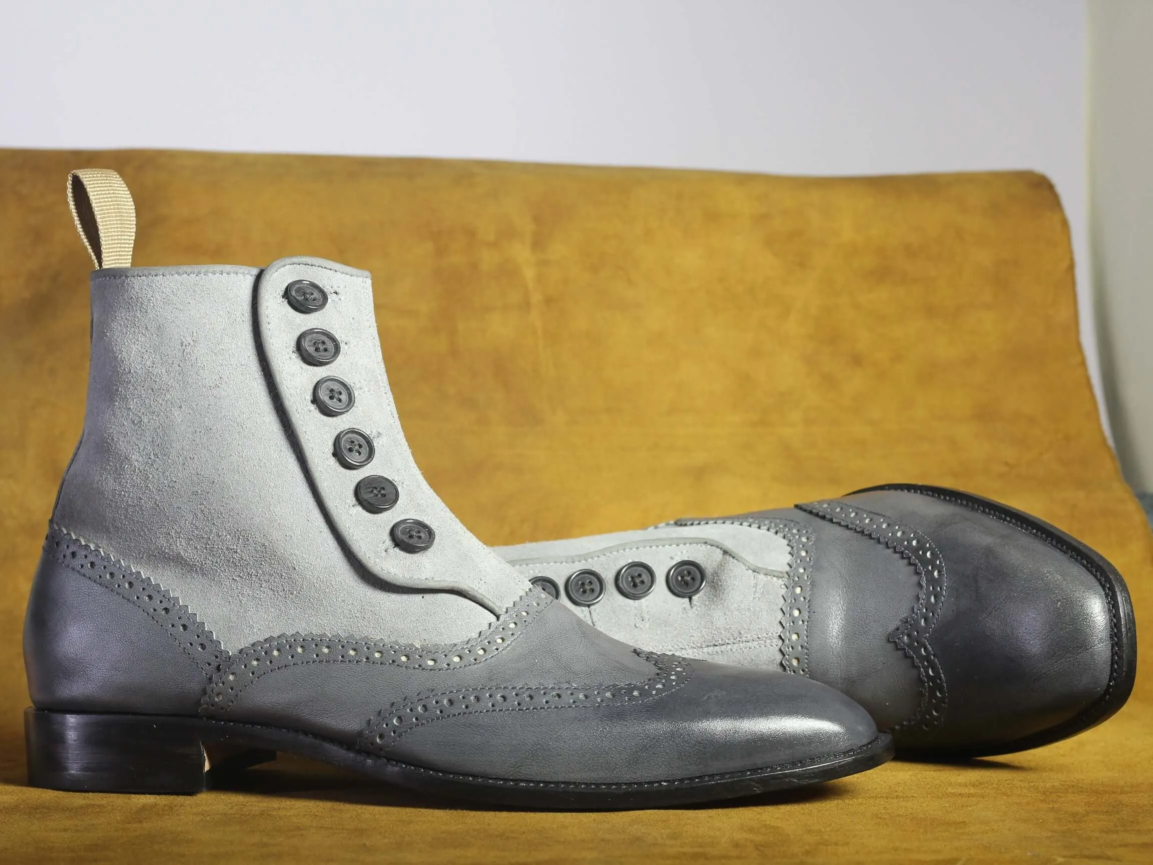 Bespoke Gray Wing Tip Button Top Ankle Boots for Men's