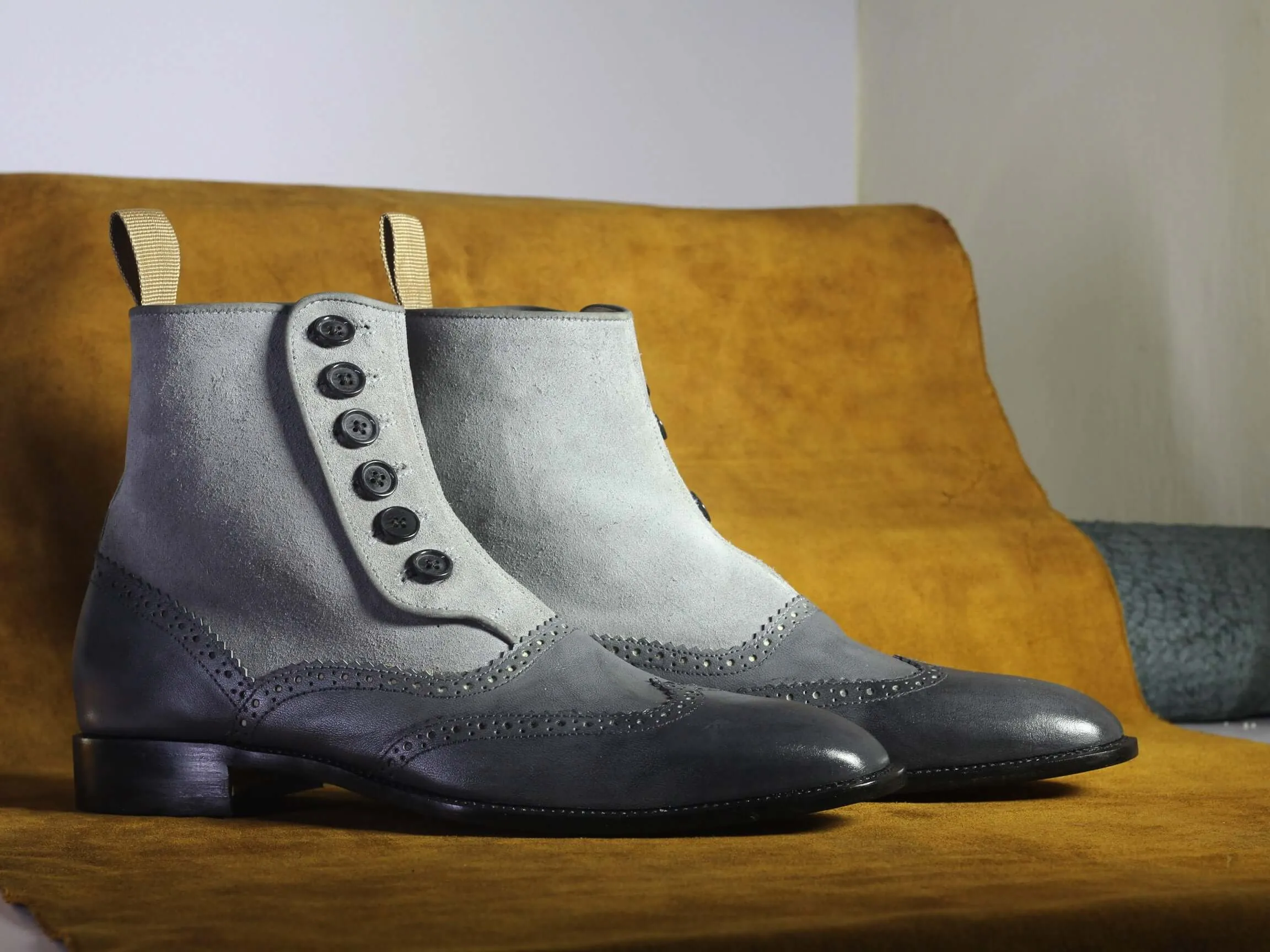 Bespoke Gray Wing Tip Button Top Ankle Boots for Men's