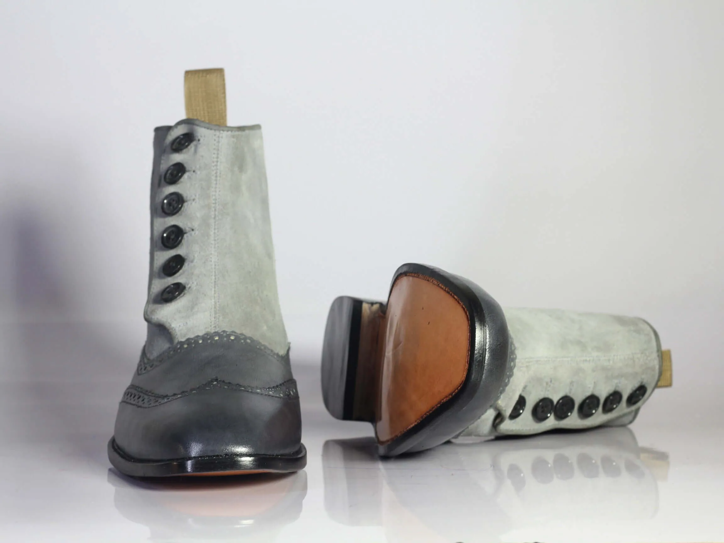 Bespoke Gray Wing Tip Button Top Ankle Boots for Men's