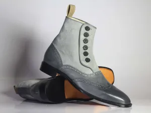 Bespoke Gray Wing Tip Button Top Ankle Boots for Men's