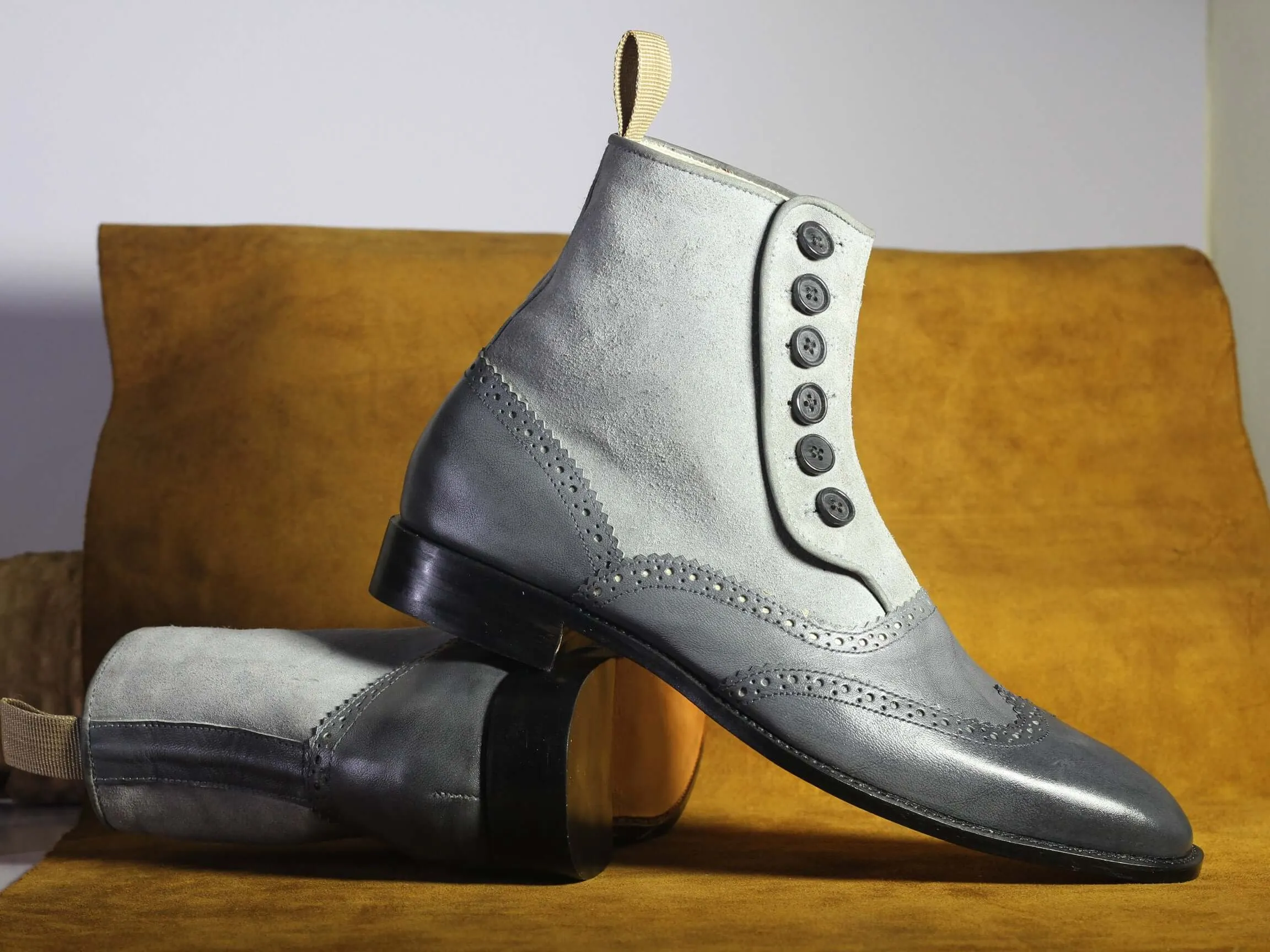 Bespoke Gray Wing Tip Button Top Ankle Boots for Men's