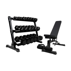 Better Body Rubber Hex Dumbbell Set   Weight Rack | 5-50lbs & Premium Bench Bundle