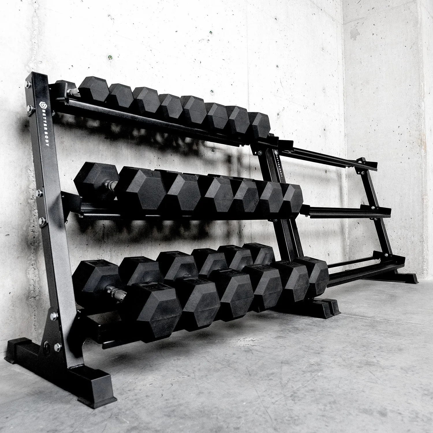 Better Body Rubber Hex Dumbbell Set   Weight Rack | 5-50lbs & Premium Bench Bundle