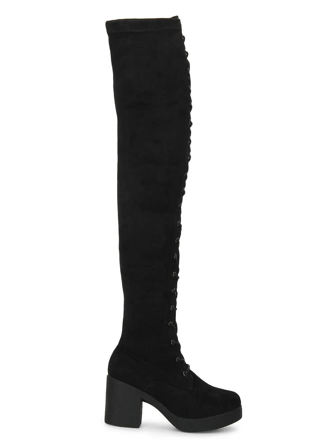 Black Microfibre Low Block Heel Lace-Up Long Boots