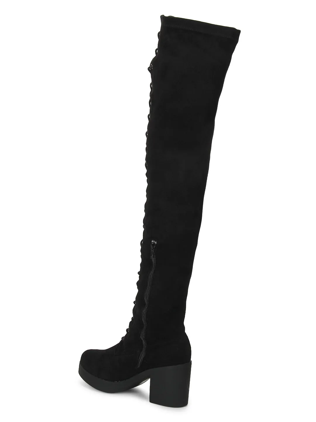 Black Microfibre Low Block Heel Lace-Up Long Boots