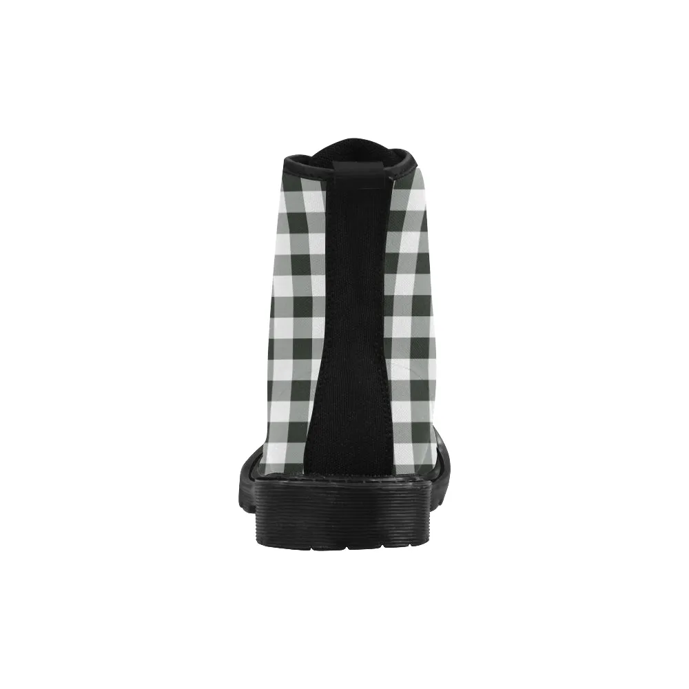 Black White Buffalo Plaid Women's Boots, Check Checkered Vegan Canvas Lace Up Shoes, Print Army Ankle Combat, Winter Casual Custom Gift