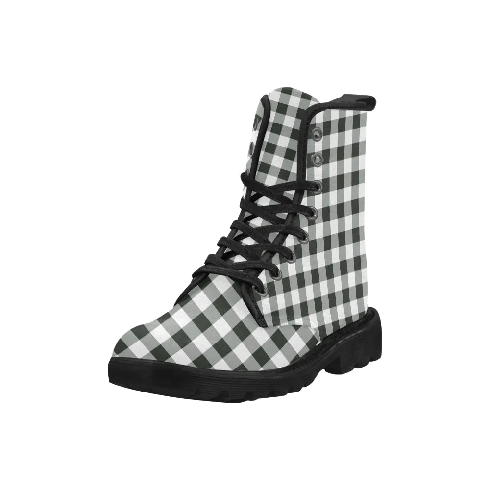 Black White Buffalo Plaid Women's Boots, Check Checkered Vegan Canvas Lace Up Shoes, Print Army Ankle Combat, Winter Casual Custom Gift