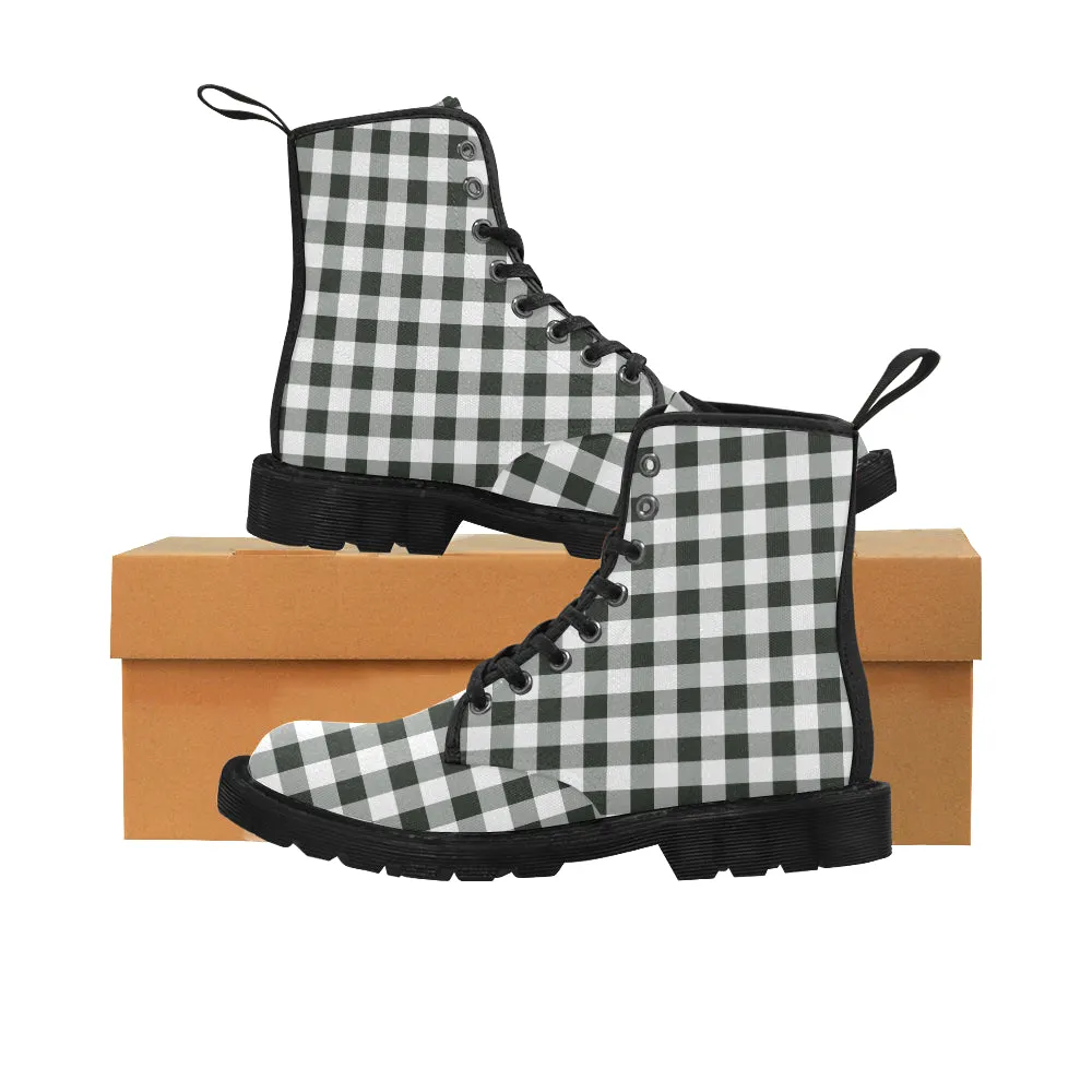 Black White Buffalo Plaid Women's Boots, Check Checkered Vegan Canvas Lace Up Shoes, Print Army Ankle Combat, Winter Casual Custom Gift