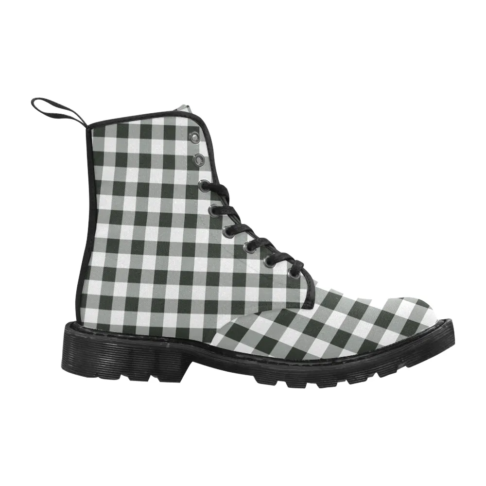 Black White Buffalo Plaid Women's Boots, Check Checkered Vegan Canvas Lace Up Shoes, Print Army Ankle Combat, Winter Casual Custom Gift