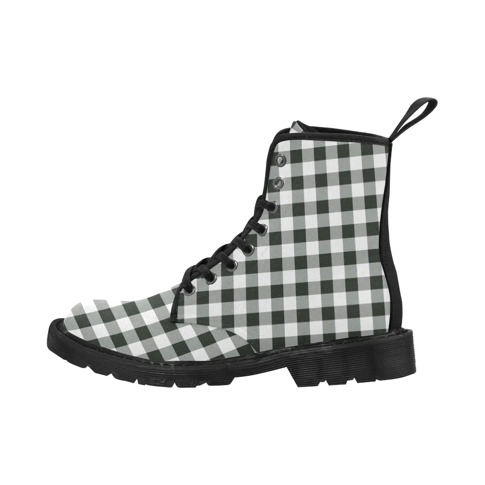 Black White Buffalo Plaid Women's Boots, Check Checkered Vegan Canvas Lace Up Shoes, Print Army Ankle Combat, Winter Casual Custom Gift