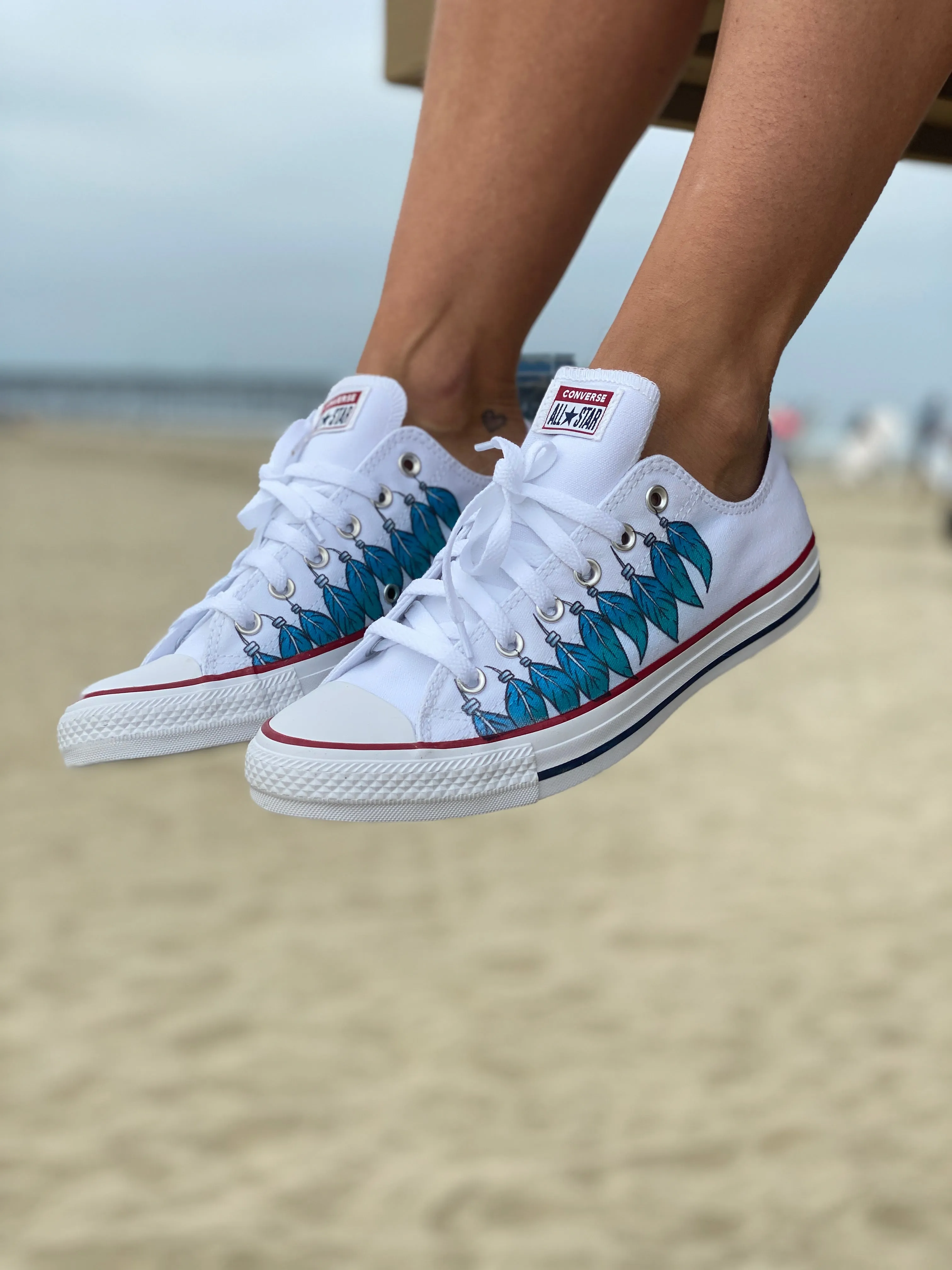 Blue Feather Moccasin Inspired Custom Low Tops - Custom Converse Shoes