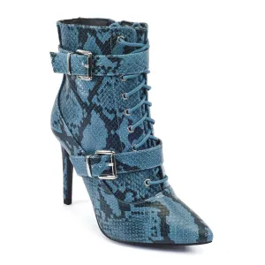 Blue Snake Buckle Detail Lace Up Ankle Boots