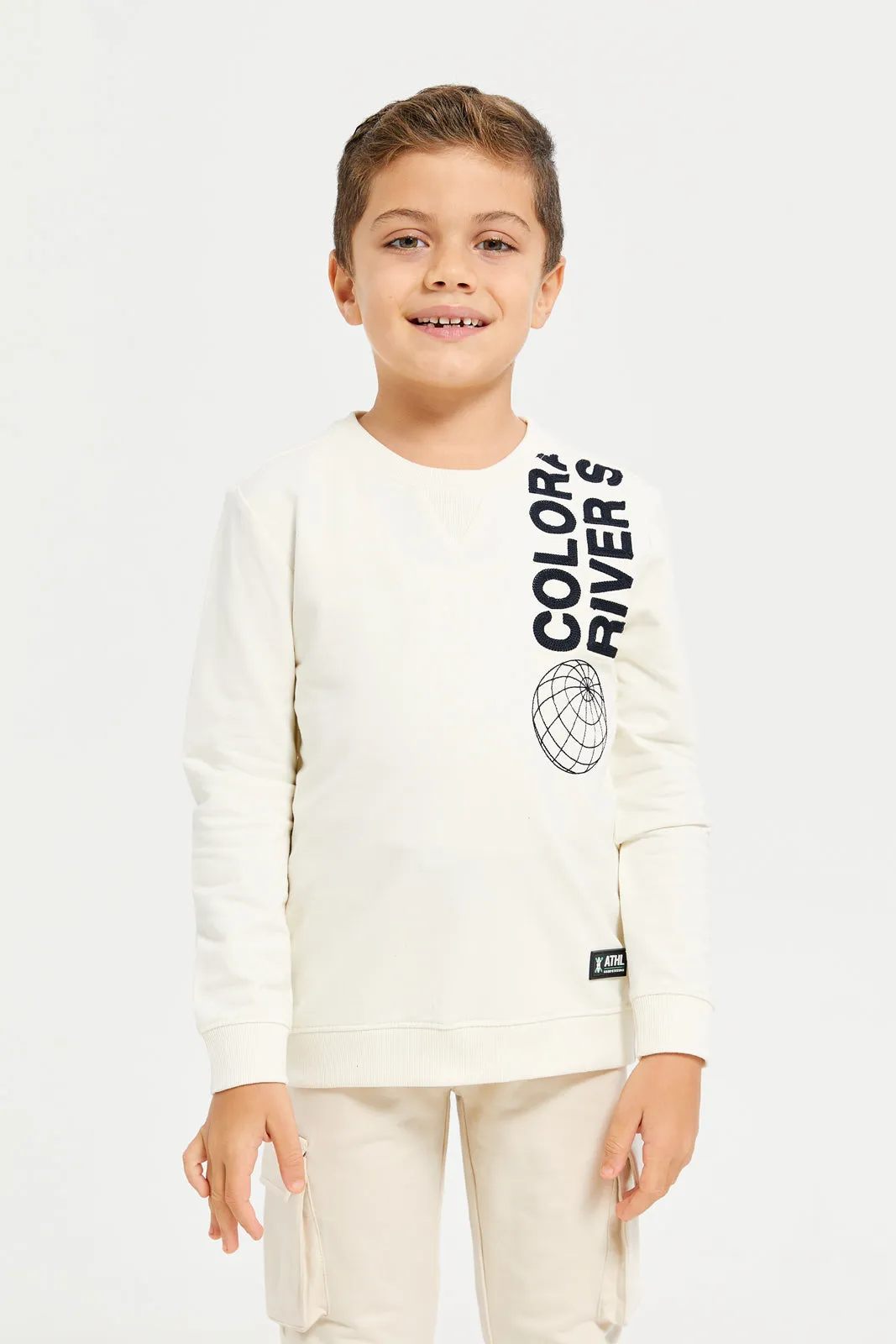 Boys Cream Round Neck Printed Sweatshirt