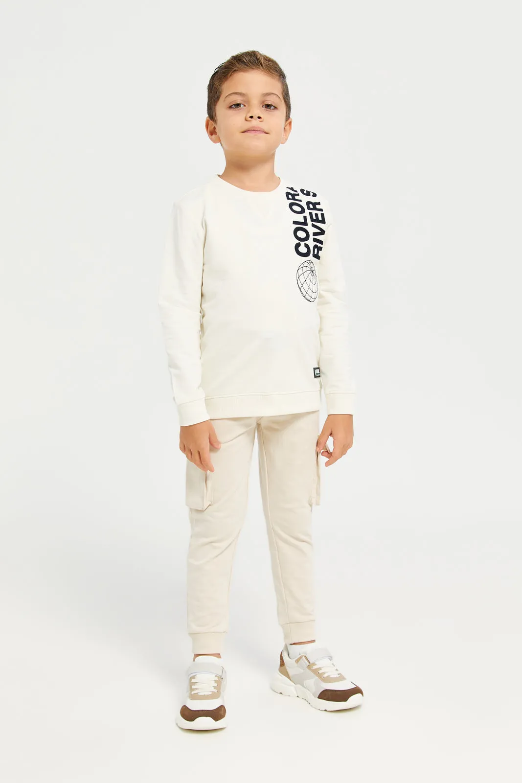 Boys Cream Round Neck Printed Sweatshirt