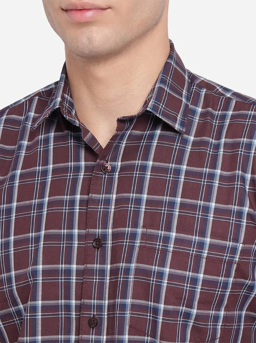 Brown & White Checked Slim Fit Casual Shirt | Greenfibre