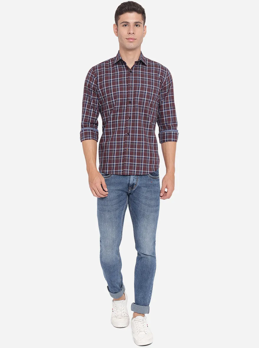 Brown & White Checked Slim Fit Casual Shirt | Greenfibre