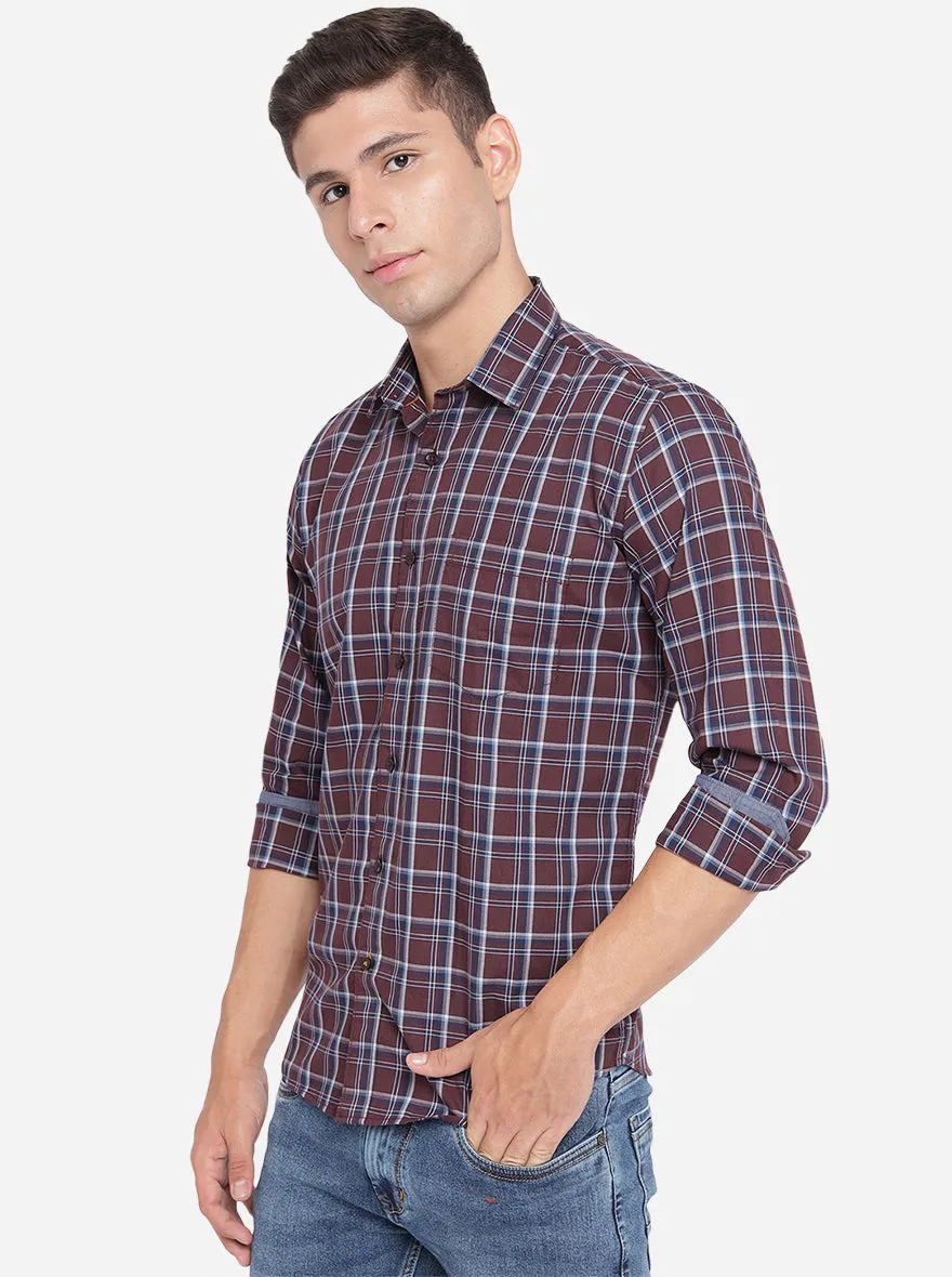 Brown & White Checked Slim Fit Casual Shirt | Greenfibre