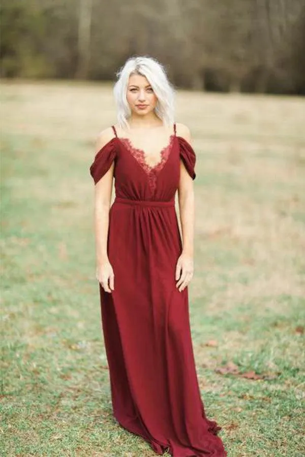 Burgundy Long Chiffon Bridesmaid Dress Wedding Party Dress BD070