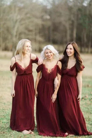 Burgundy Long Chiffon Bridesmaid Dress Wedding Party Dress BD070