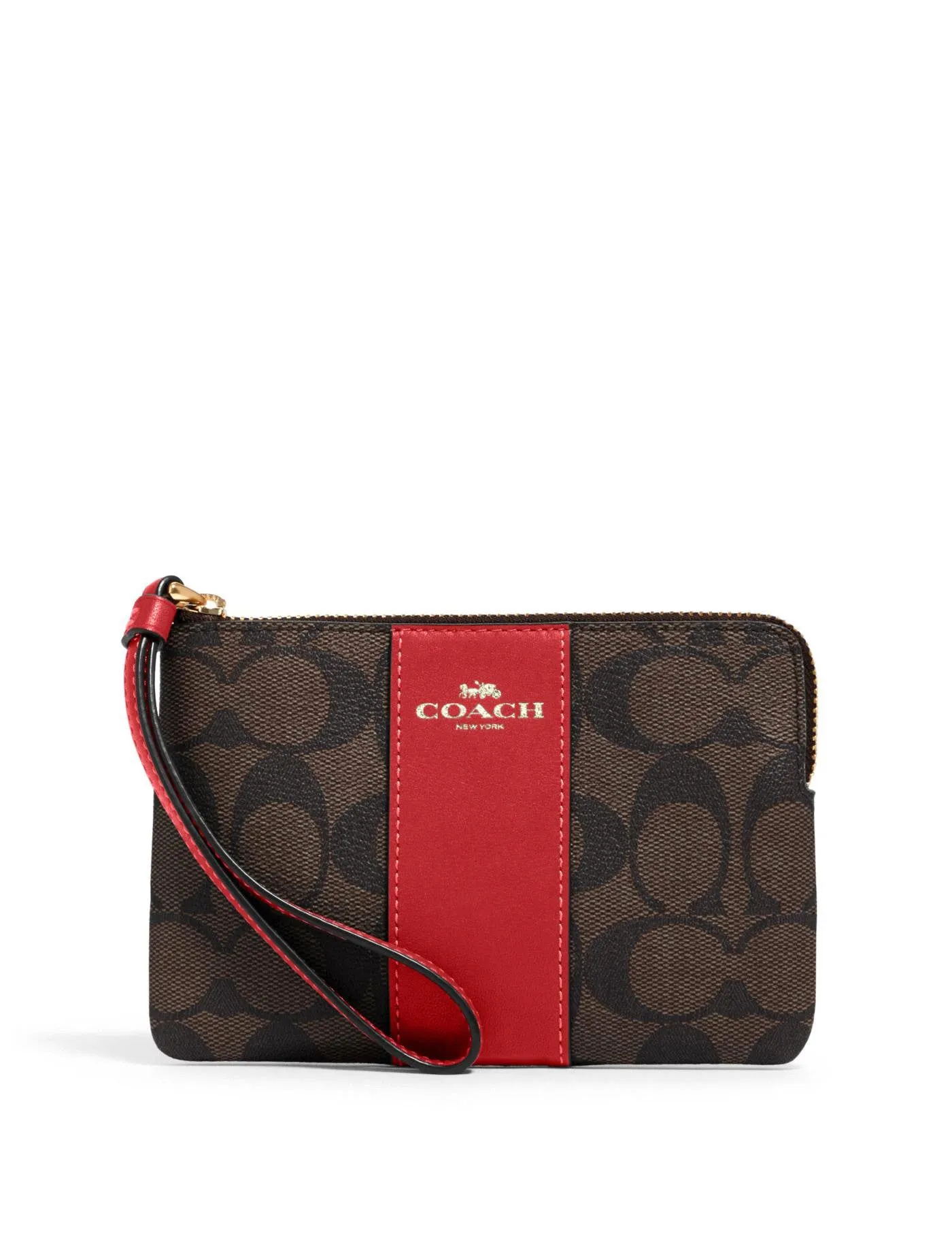 Coach Women's Brown & Red Corner Zip Wristlet In Signature Canvas