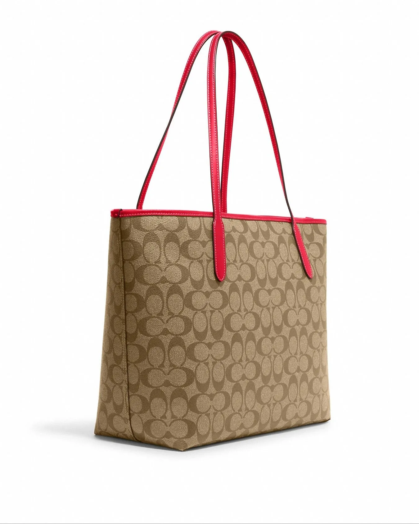 Coach Women's Khaki & Electric Red City Tote In Signature Canvas With Wild Strawberry