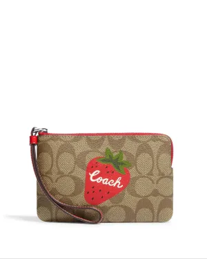 Coach Women's Khaki & Electric Red Corner Zip Wristlet In Signature Canvas With Wild Strawberry