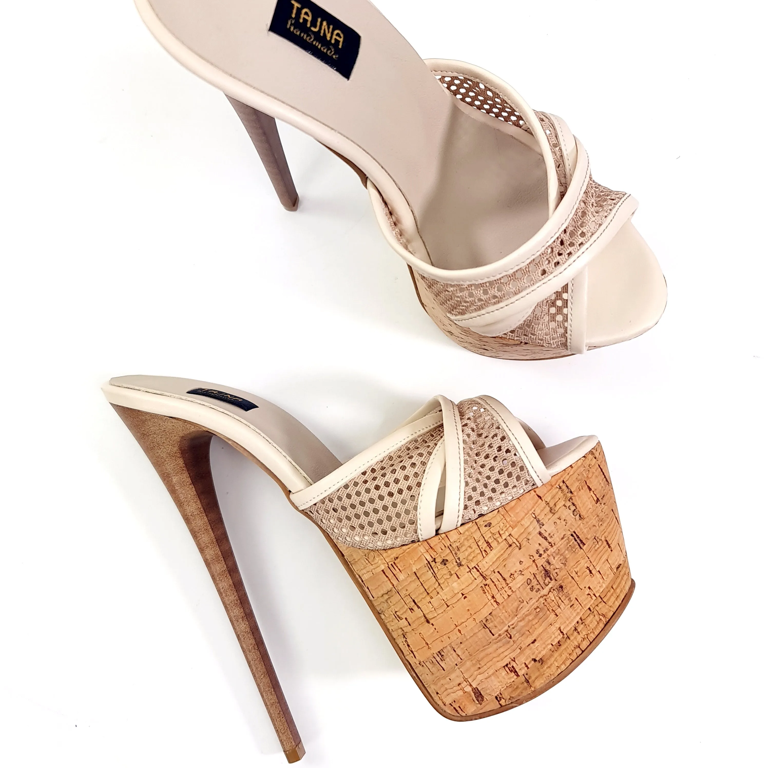 Cream Cork Detail Fishnet High Heel Mules