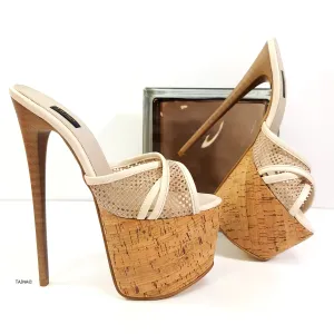 Cream Cork Detail Fishnet High Heel Mules