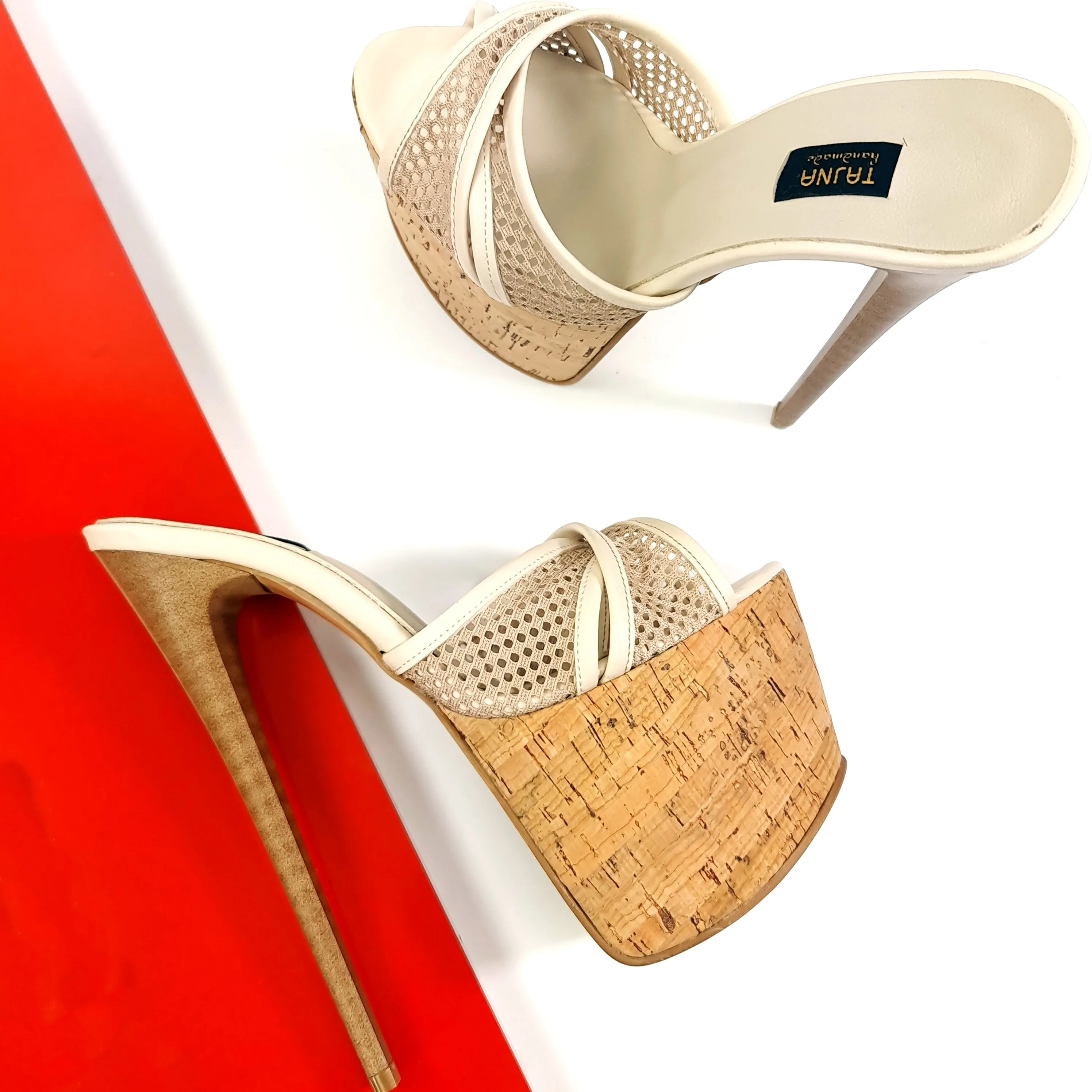 Cream Cork Detail Fishnet High Heel Mules