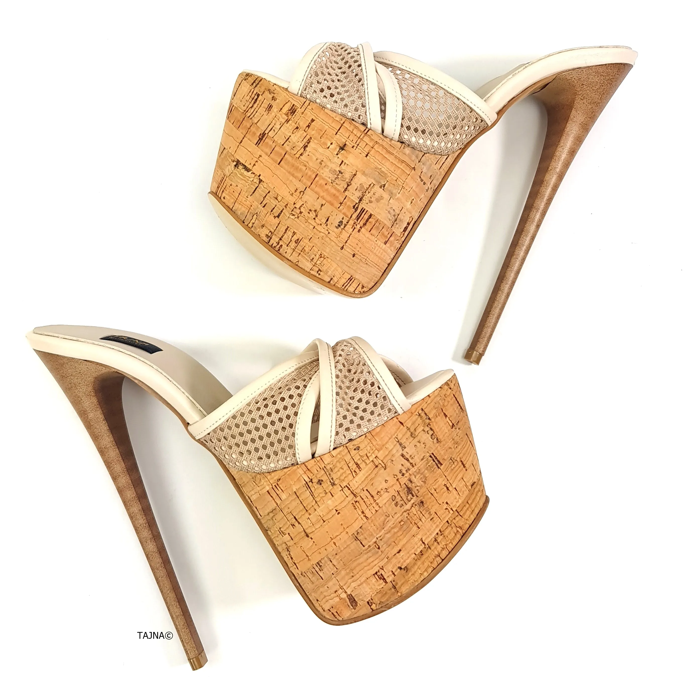 Cream Cork Detail Fishnet High Heel Mules