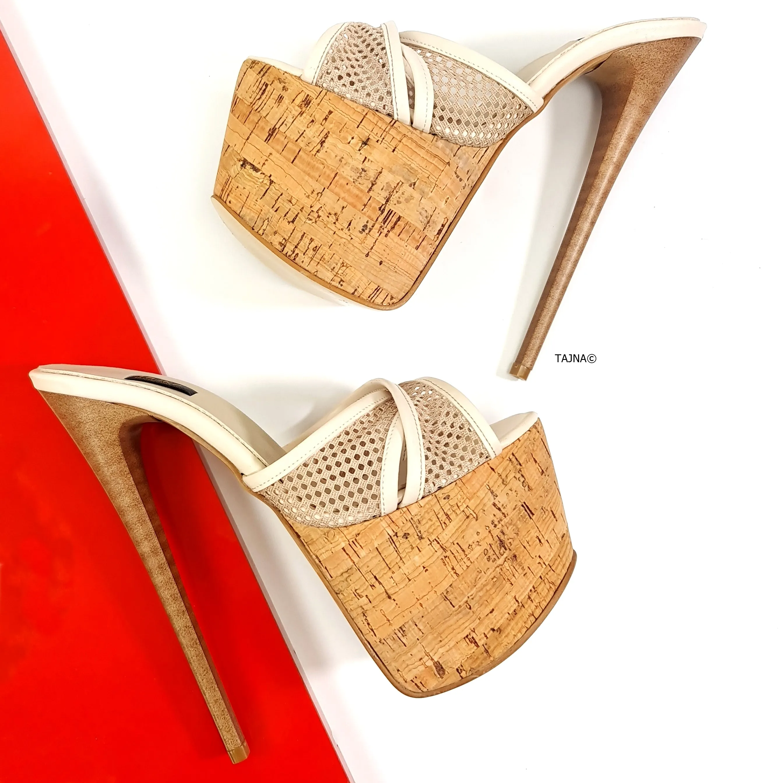 Cream Cork Detail Fishnet High Heel Mules