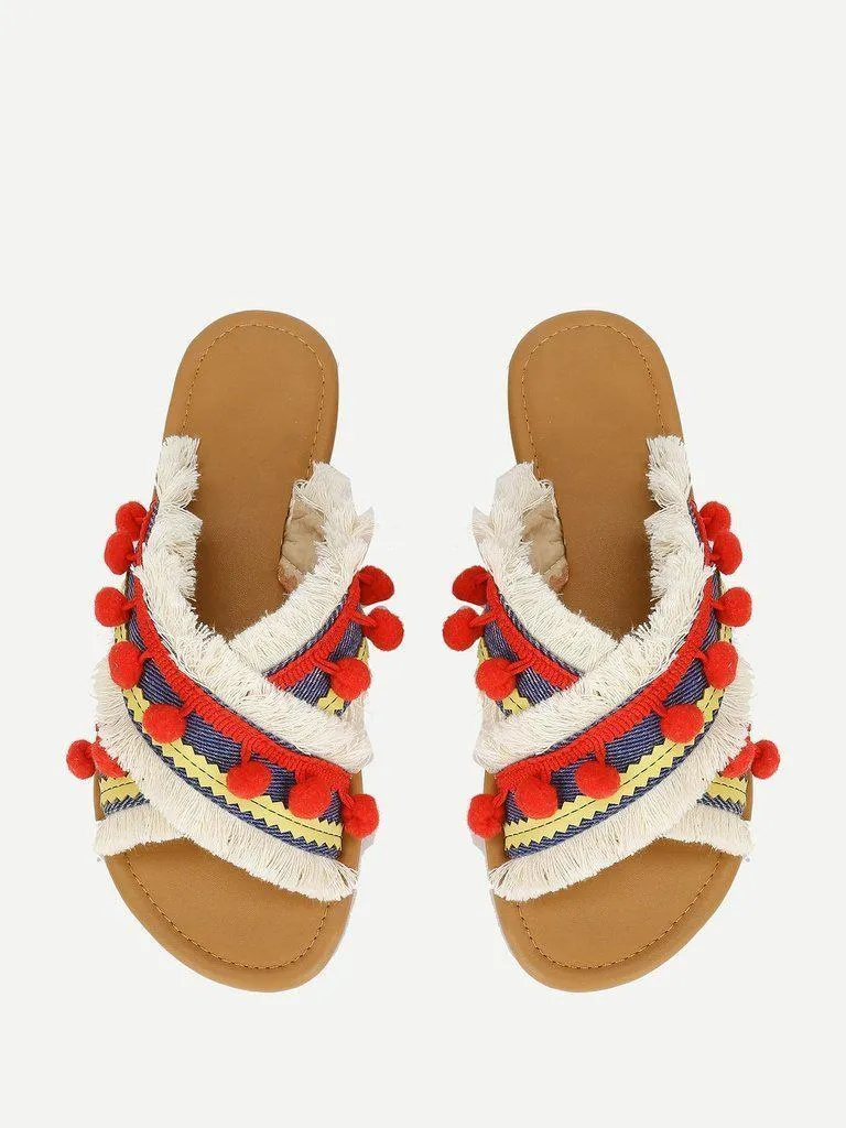 Criss Cross Flat Sandals With Pom Pom