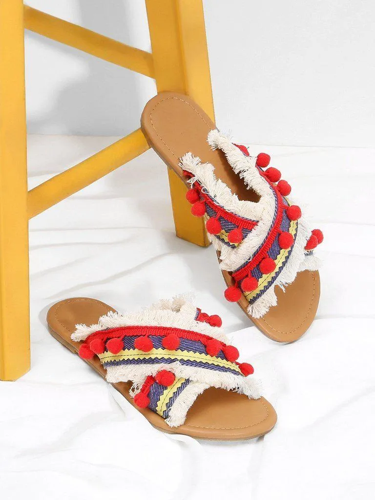 Criss Cross Flat Sandals With Pom Pom