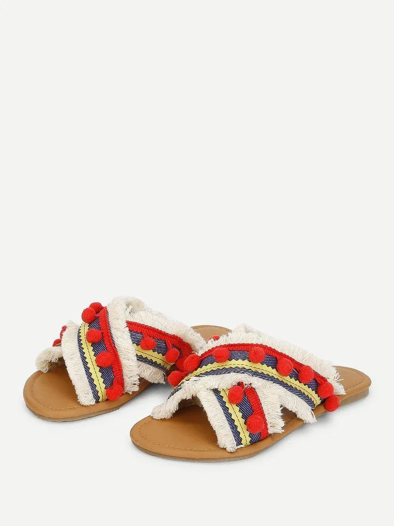 Criss Cross Flat Sandals With Pom Pom