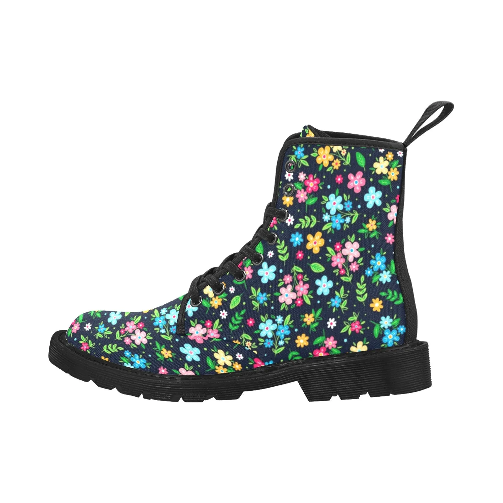 Cute Flowers Women's Boots, Colorful Watercolor Floral Vegan Canvas Lace Up Shoes, Flower Print Black Ankle Combat, Casual Custom Gift