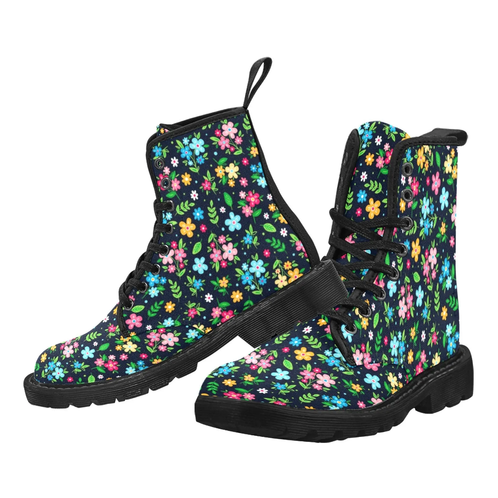 Cute Flowers Women's Boots, Colorful Watercolor Floral Vegan Canvas Lace Up Shoes, Flower Print Black Ankle Combat, Casual Custom Gift