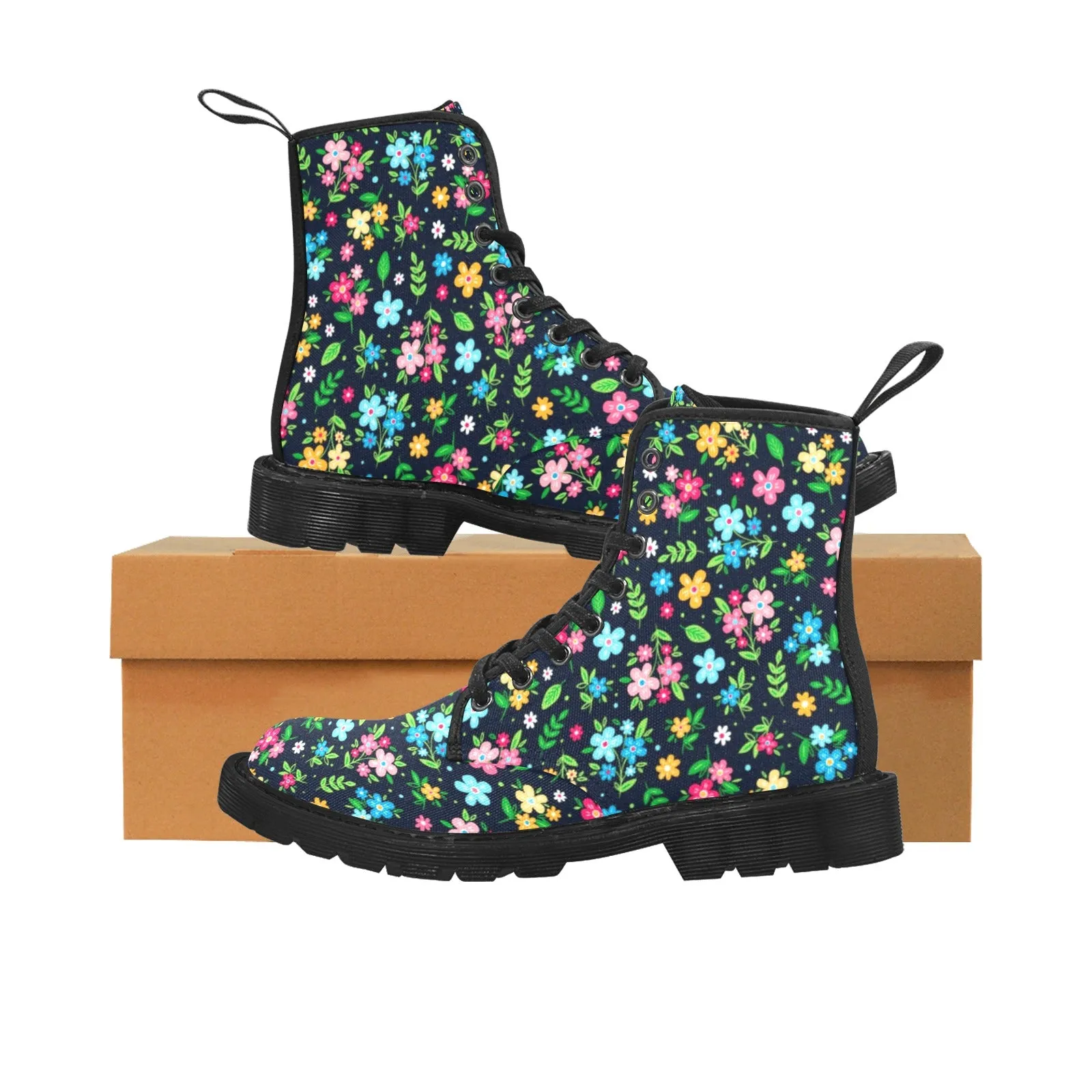 Cute Flowers Women's Boots, Colorful Watercolor Floral Vegan Canvas Lace Up Shoes, Flower Print Black Ankle Combat, Casual Custom Gift