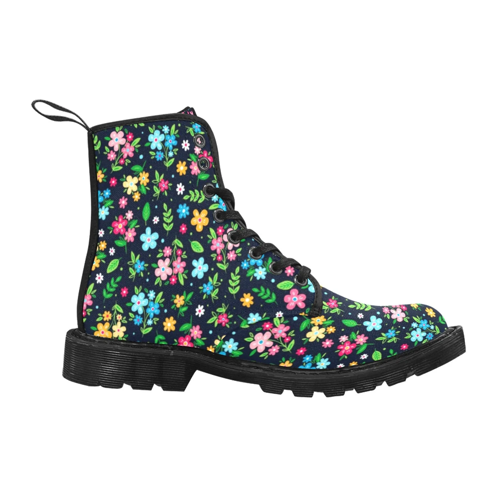 Cute Flowers Women's Boots, Colorful Watercolor Floral Vegan Canvas Lace Up Shoes, Flower Print Black Ankle Combat, Casual Custom Gift