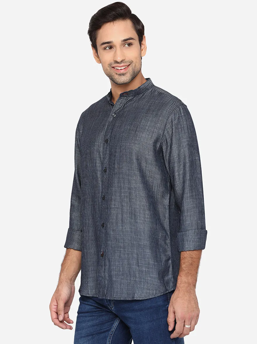 Dark Grey Striped Slim Fit Semi Casual Shirt | JadeBlue