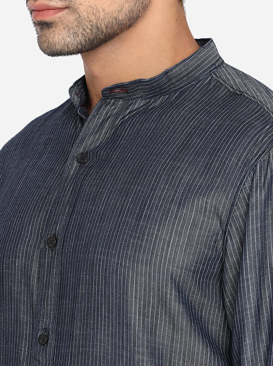 Dark Grey Striped Slim Fit Semi Casual Shirt | JadeBlue